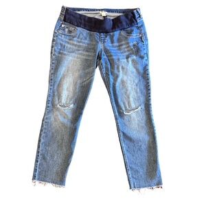 Indigo Blue Distressed Half Belly Maternity Skinny Jeans Size Large